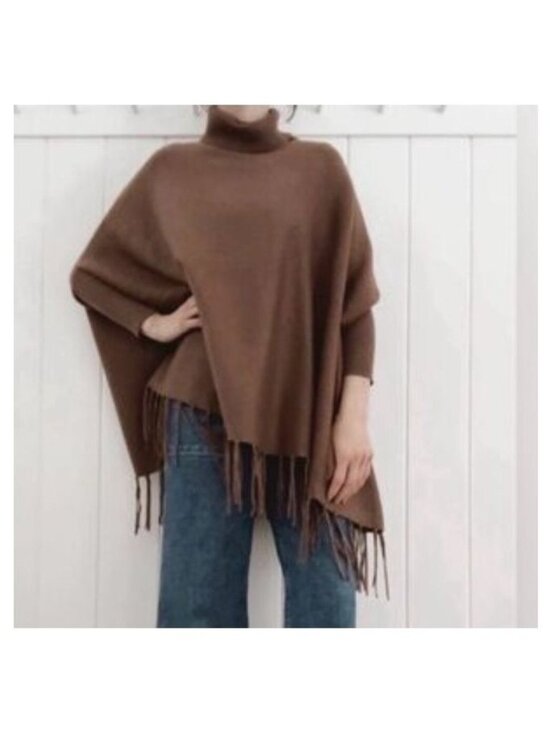 Magaschoni Sweaters - Magaschoni Poncho Sweater Brown Turtleneck Dolman Sleeve Fringe Hemline Knit L